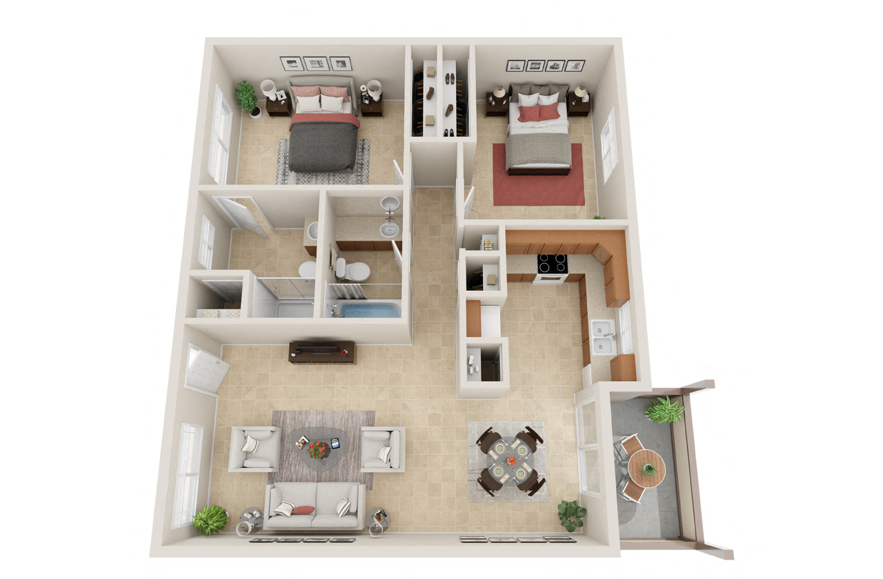 two bedroom two bathroom floor plan including a private patio  at Pacific Sands, San Diego, 92117